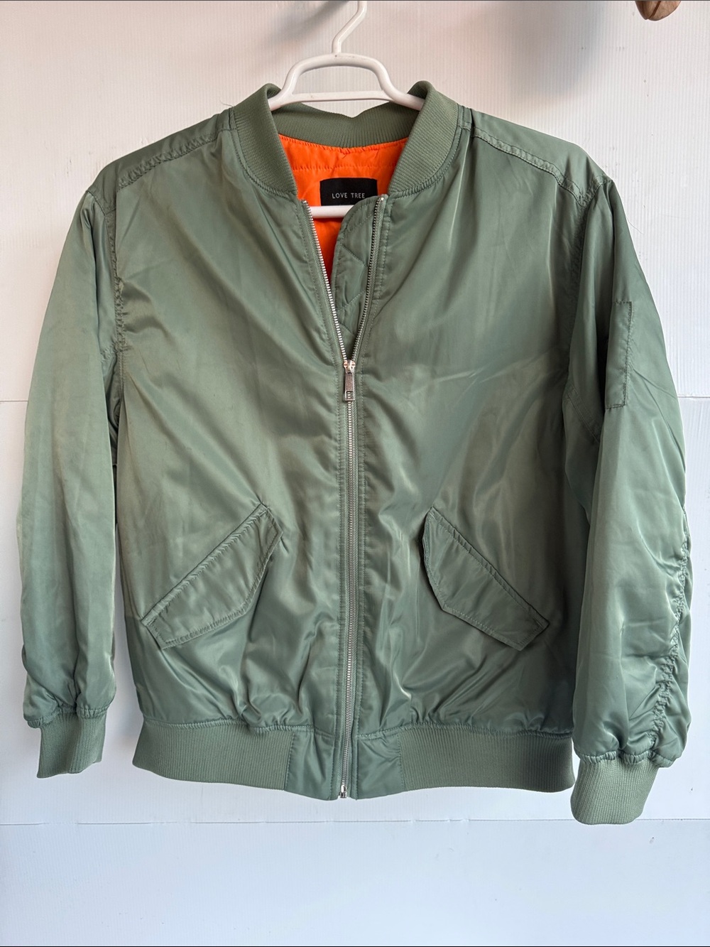 LOVE TREE MILITARY STYLE BOMBER FLIGHT JACKET SIZE M OLIVE GREEN SILKY LINED